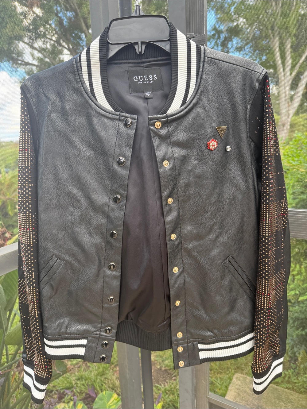 GUESS Black faux Leather Bomber Jacket with Studded Sleeves